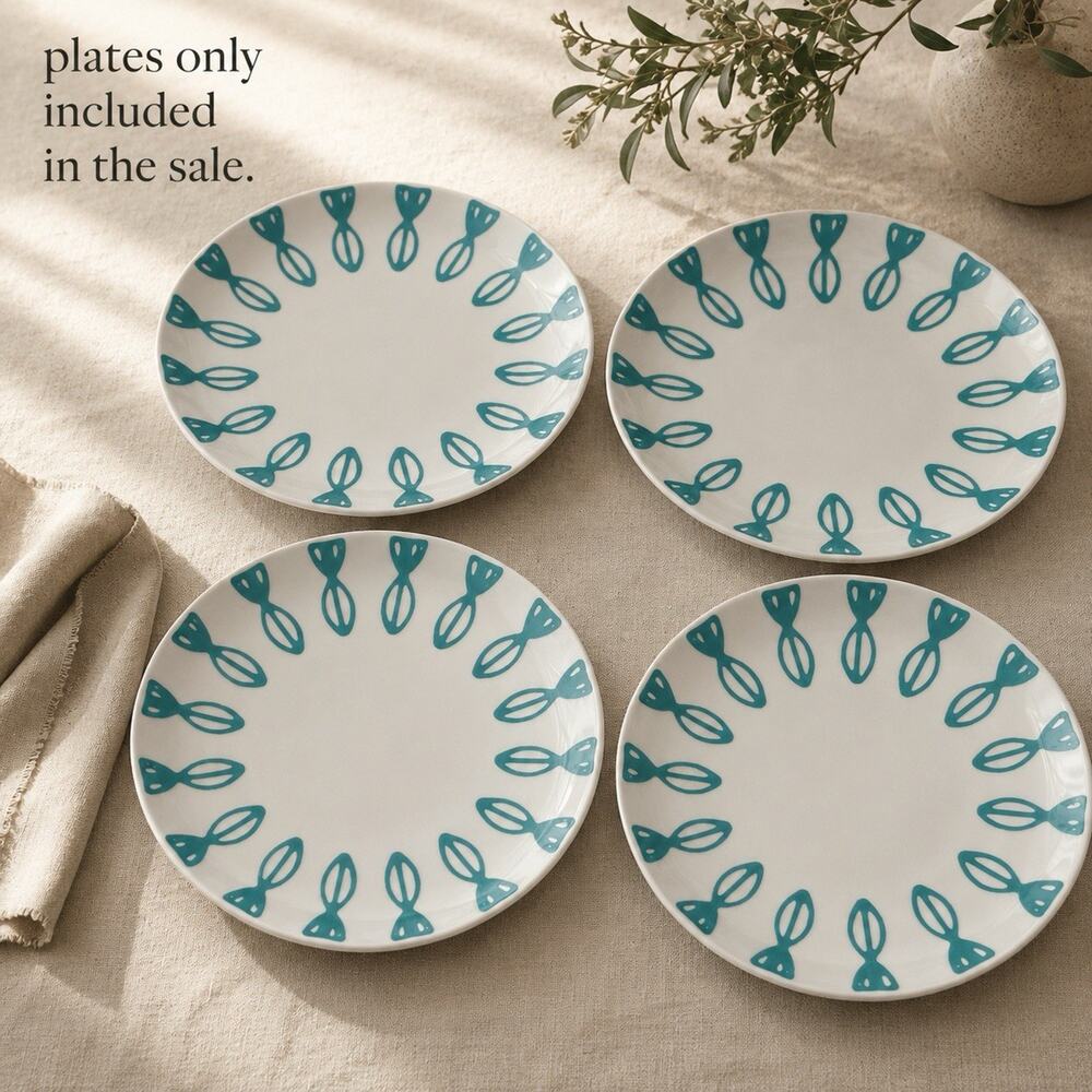 Set of 4 Crate & Barrel Salad Plates White & Aqua Fish Pattern 8” Salad Ceramic